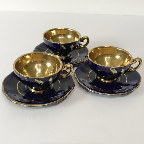 Reichenbach Geschenke Three Tea Cup Plate Set Echt Kobalt Gold Filigree Mocha - Picture 5 of 15